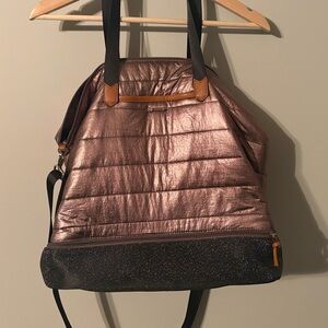 Stella & Dot crush it rose gold quilted tote bag with black glitter base